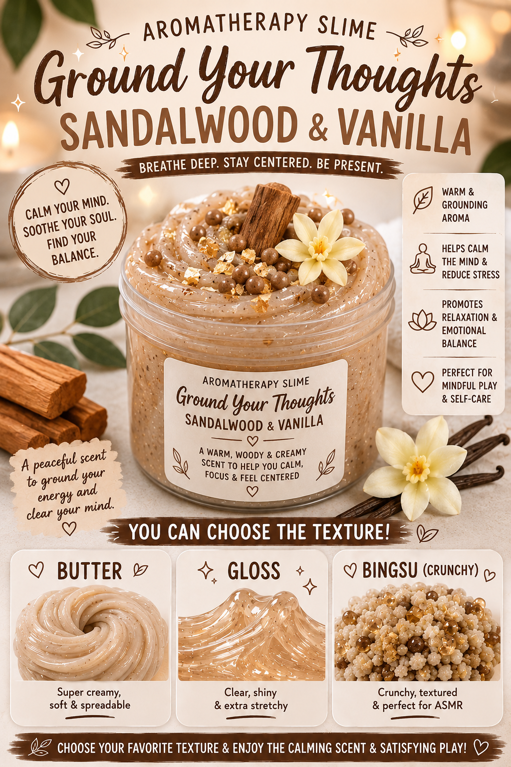Ground your Thoughts Sandalwood and Vanilla Aromatherapy slime